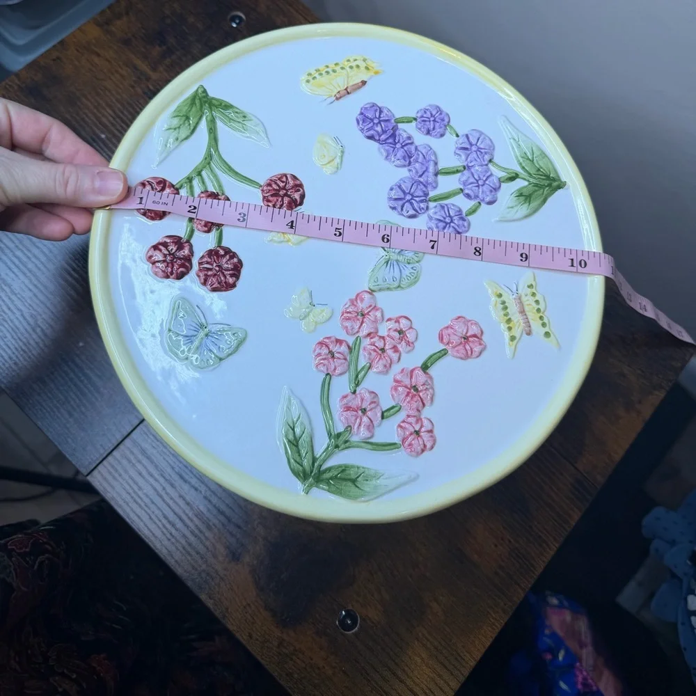 Gibson Pedestal Cake Plate featuring floral butterfly design “Home Sweet Home”